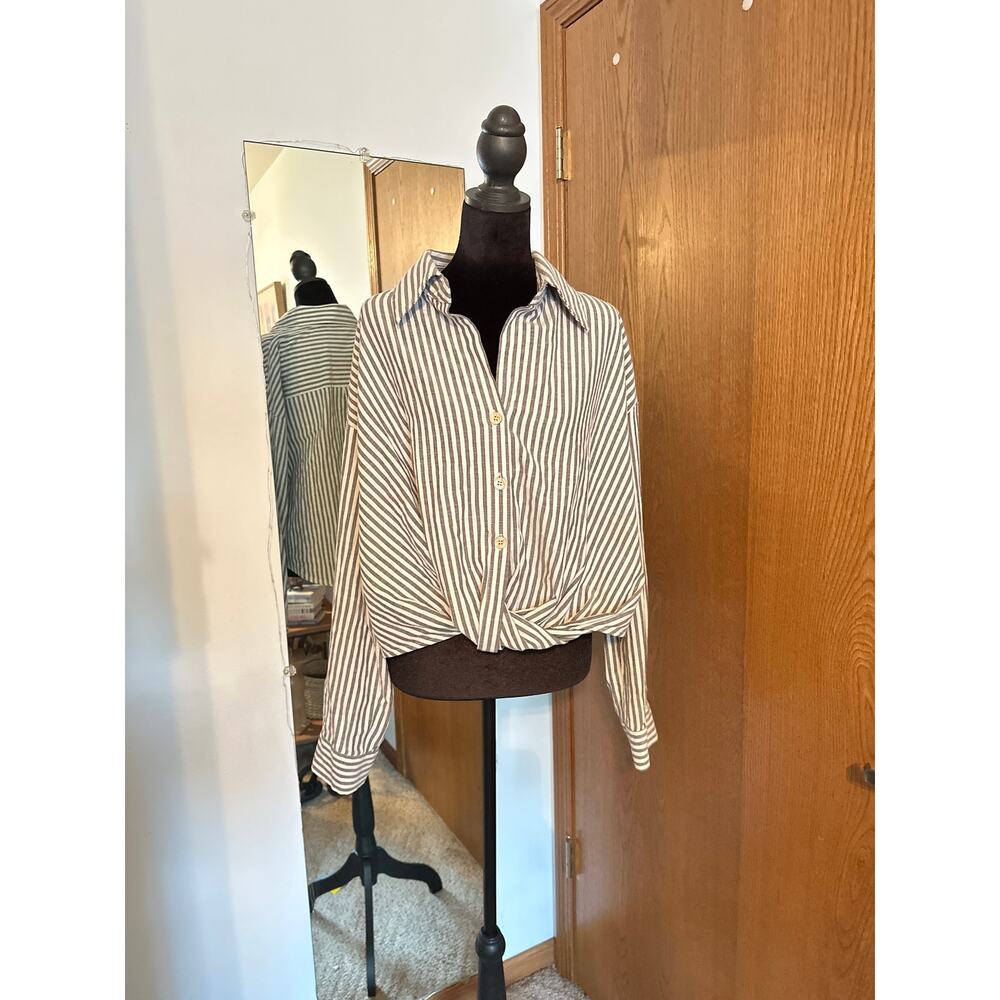 Cider Striped Twist Front Knotted Blouse Black White Collared Button Down XL